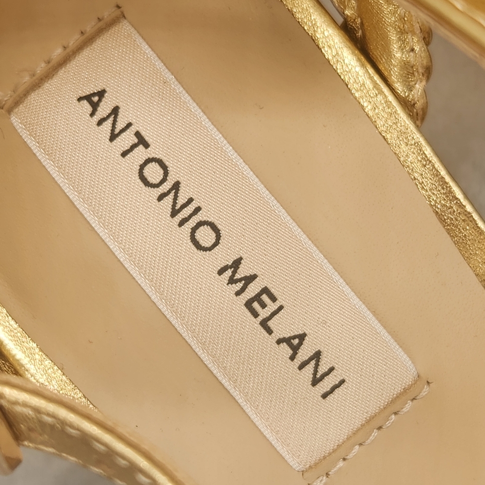 Antonio Melani Heeled Sandals 10 Golden Woven Leather Gretel Metallic New $140 - Picture 13 of 15